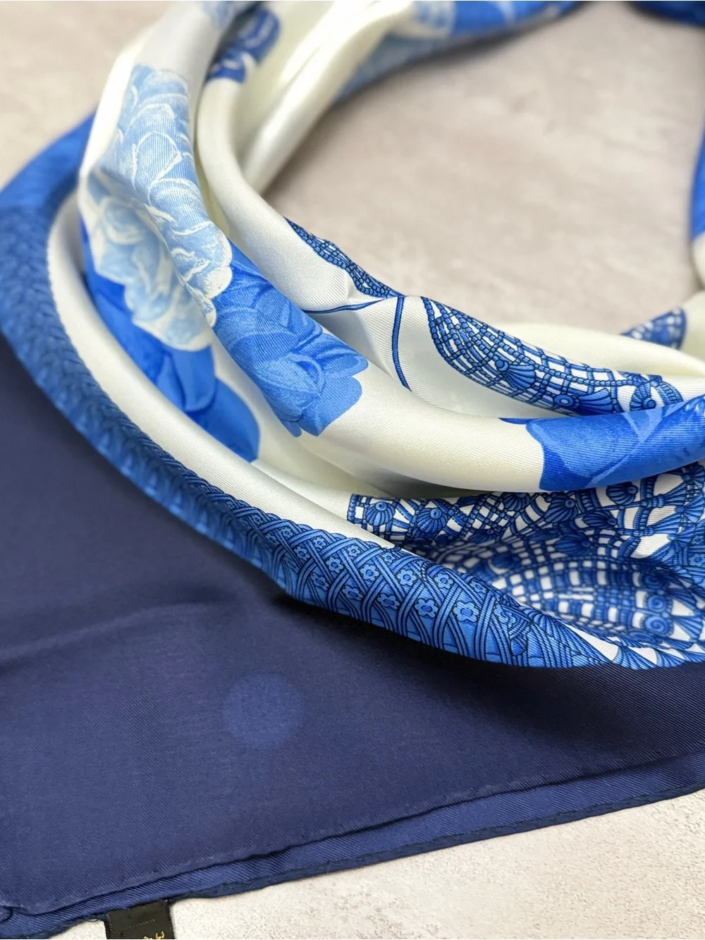 Lanvin Blue and White Floral & Butterfly Silk Scarf